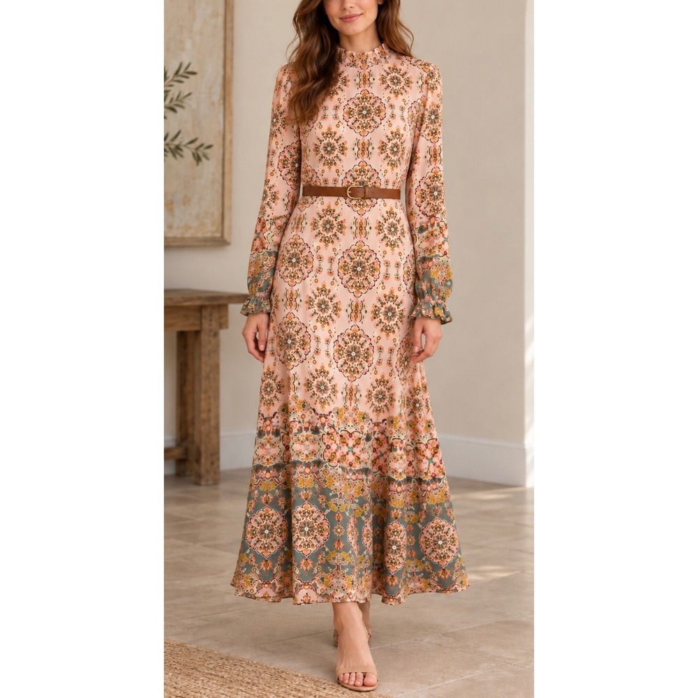 Boden Silk Blend Tapestry Print Ruffle Neck Maxi Dress Pink Multi Size 6